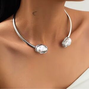 Anthropologie Silver and White Necklace Chocker Faux Pearl